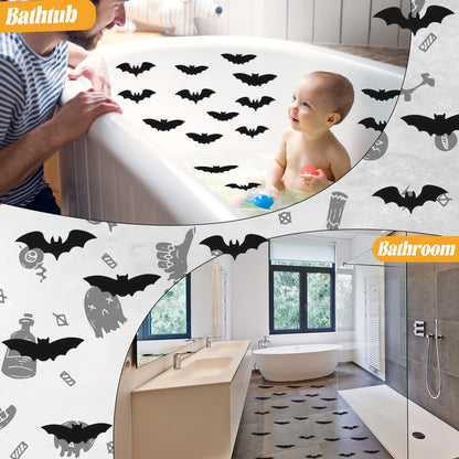 Chiisong 24 Pcs Non Slip Black Bat Bathtub Stickers for Kids Halloween Horror Bath Treads Adhesive Anti Slip Shower Decal Threads with Scraper for Kid Toddler Bath Tub and Shower Floor Bathroom Decor