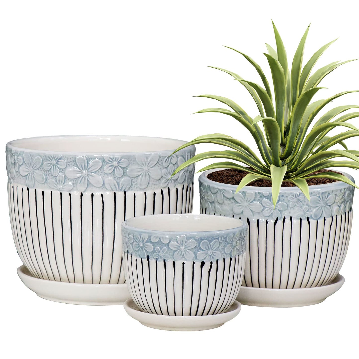 Ton Sin Grey Flower Pots, Texture Planter for Indoor Plants Set of 3 Ceramic Flower Pots with Saucer, Cute Garden Pots Succulent Pots, 6.75/5.6/4.2 Inch, Indoor Outdoor Home Garden Decor