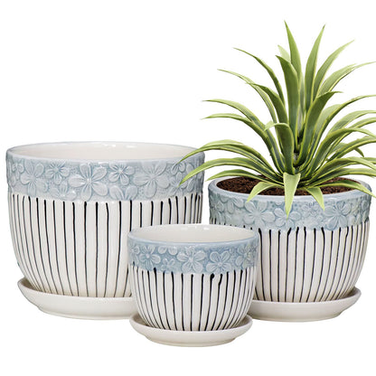 Ton Sin Grey Flower Pots, Texture Planter for Indoor Plants Set of 3 Ceramic Flower Pots with Saucer, Cute Garden Pots Succulent Pots, 6.75/5.6/4.2 Inch, Indoor Outdoor Home Garden Decor