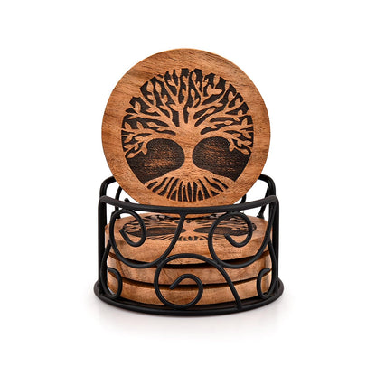 Samhita Tree of Life Wooden Coaster Set with Iron Holder – Acacia Wood & Iron Drink Coasters, Set of 4, Decorative Table Coasters for Home & Office Décor