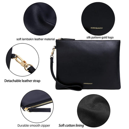 DORIS&JACKY Lambskin Leather Wristlet Clutch Purse For Women Large Soft Designer Wallet With Strap… (Lambskin-black, black)