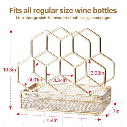 Drincarier Countertop Wine Rack - 6 Bottle with Cork Storage Freestanding Modern Gold Metal Wine Rack - Tabletop Wine Holder Stand for Cabinet, Pantry, Wine Bottle Storage…
