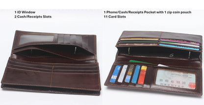 AurexaFashion Genuine Leather Bifold Long Wallet for Men, Retro Vintage Embossed Clutch with Zipped Coin purse & Credit card Slots. RFID Blocking. Crocodile Tail- Coffee