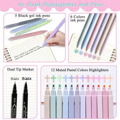 47PCs Bible Journaling Kit BIble Study Supplies for Women Girl,Bible Class Essentials with Large Pen Case,Journal Notebook,No-bleed Highlighters and Pens,Bible Tabs Bookmark,Translucent Sticky Notes