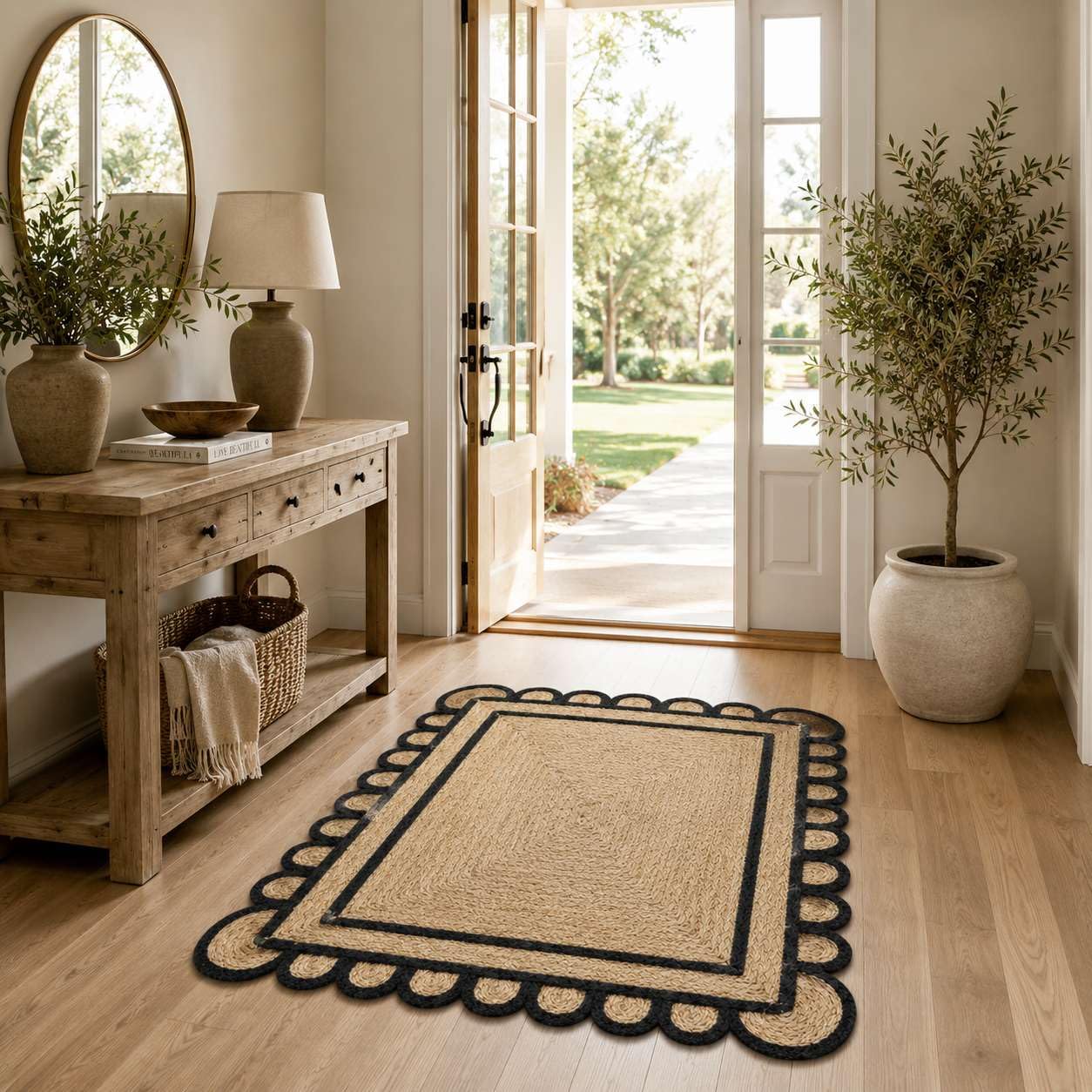 Scalloped Natural Jute Area Rug 3x5 Ft, Boho Rug with Black Trim & Non Slip Backing for Entryway, Living Room