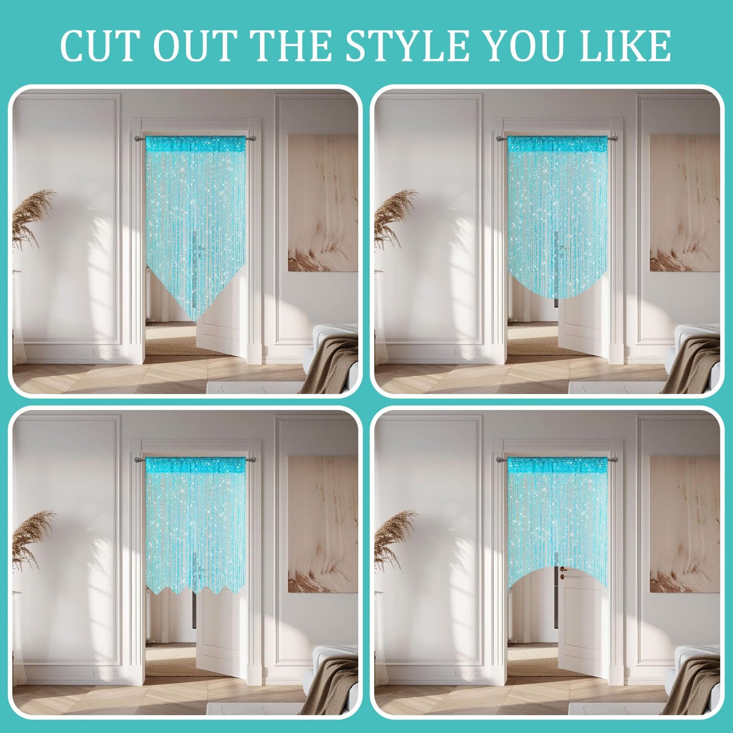 2 Pieces Teal Glitter String Curtains, 39x79 Inch Doorway Beads Curtains, String Curtain for Doorway, Room, Closet Partition, Windows Wedding Party Boho Tassel Home Decoration