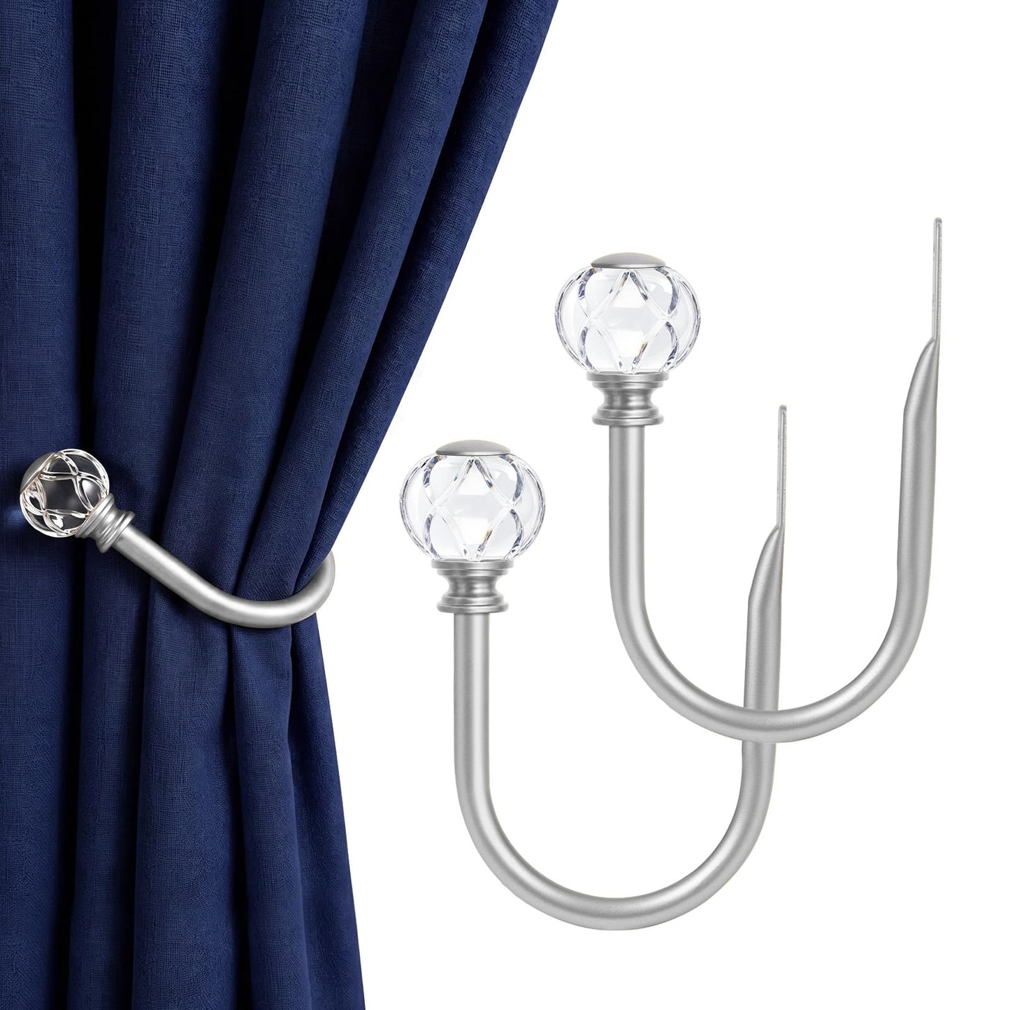 KAMANINA Curtain Holdbacks 2pcs, Silver Curtain Tiebacks Wall Mounted Window Curtains Hooks, Decorative Holders for Drapes with Crystal Finials(5.4" L × 4.1" W)