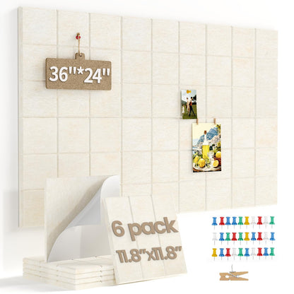 Large Felt Bulletin Board for Walls: 6-Pack Black Cork Board Alternative 11.8x11.8 Inch Peel and Stick Pin Board Wall Decor for Home Organization, Office Memo Board, Self-Adhesive Wall Tiles