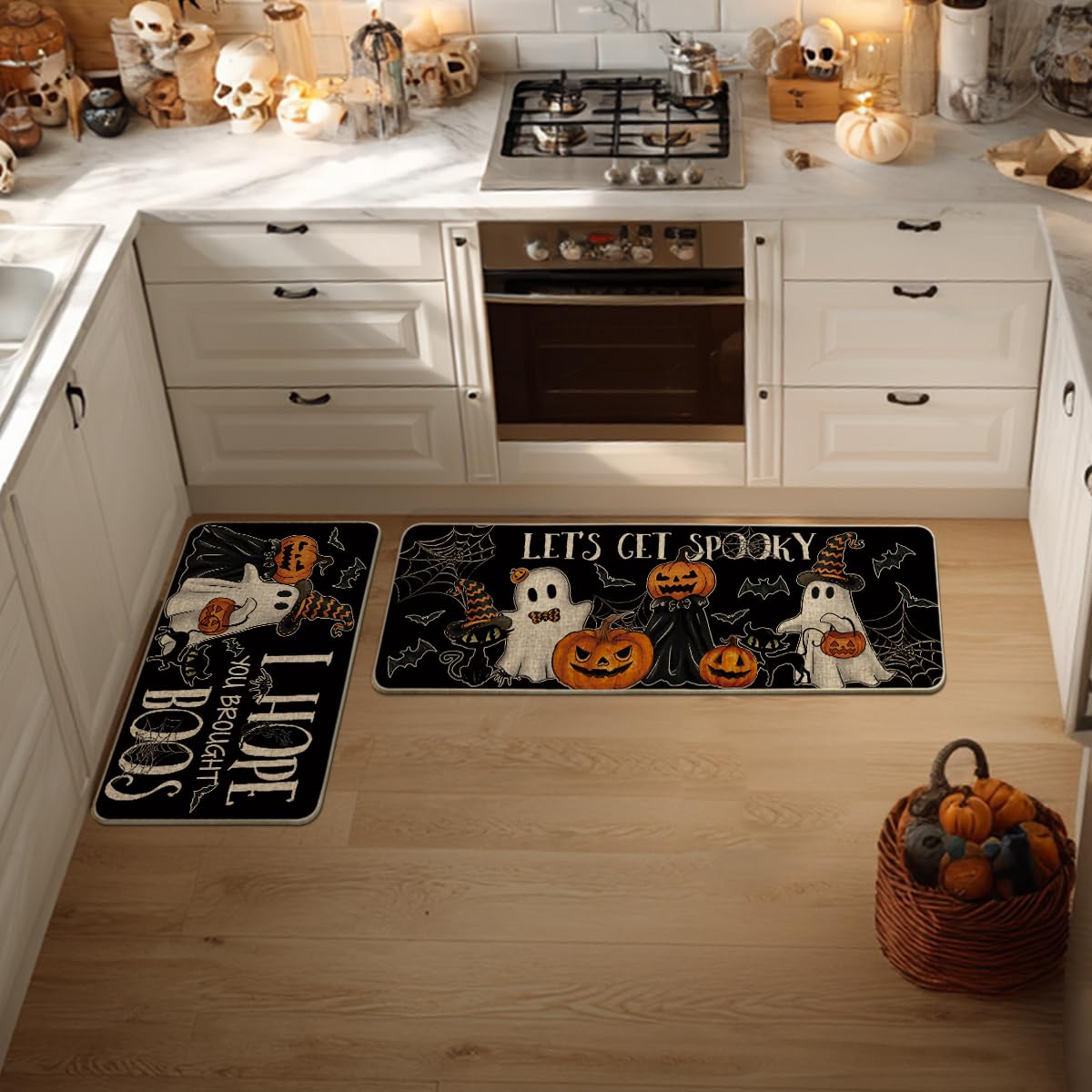 Artoid Mode Black I Hope You Brought Boos Spider Web Pumpkin Halloween Kitchen Mats Set of 2, Black Cat Home Decor Low-Profile Kitchen Rugs for Floor - 17x29 and 17x47 Inch