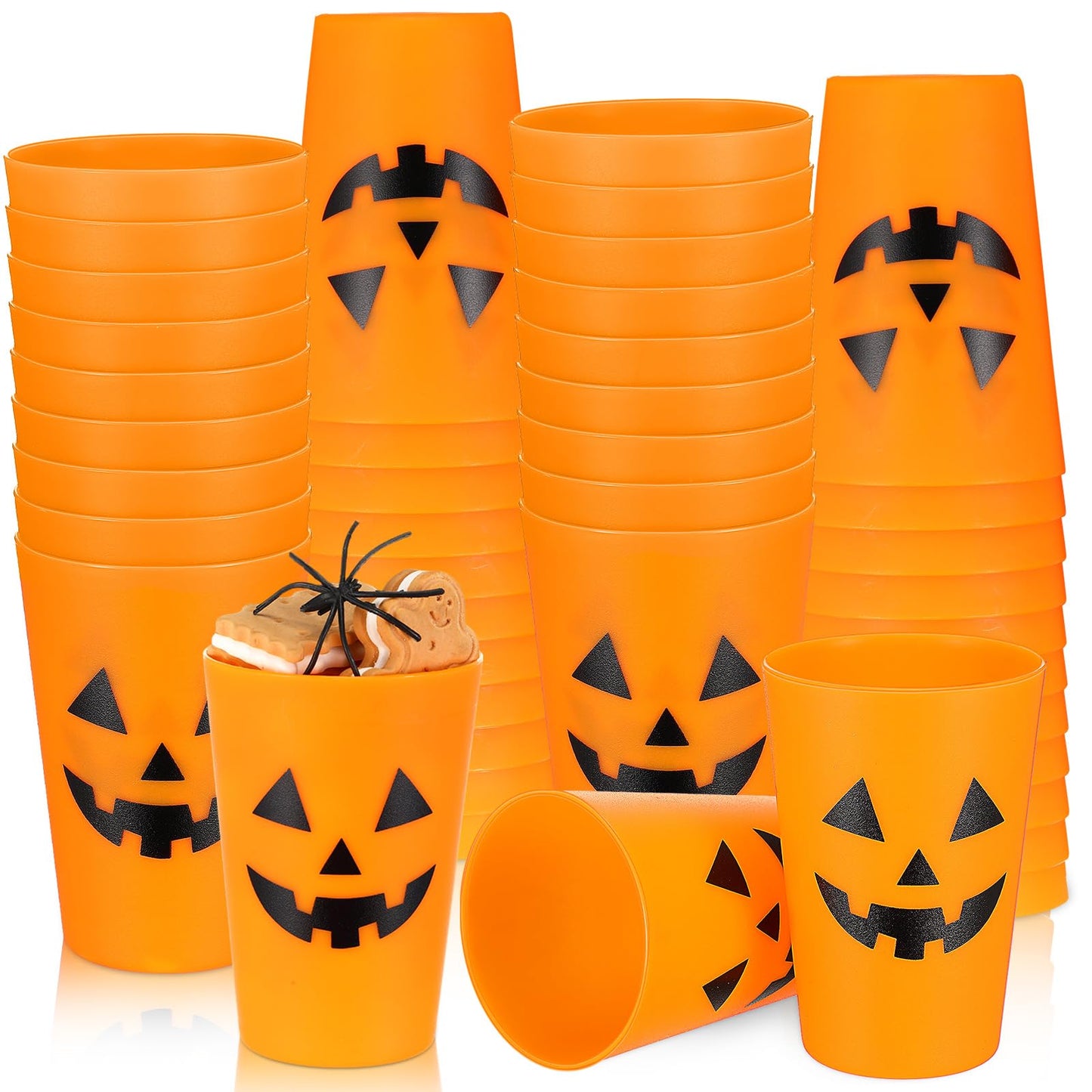 Dandat 48 Pcs Halloween Pumpkin Design Plastic Cups - Reusable Jack O Lantern Cups for Adults Kids Drinks Coffee Juice Party Supplies 8.8 oz