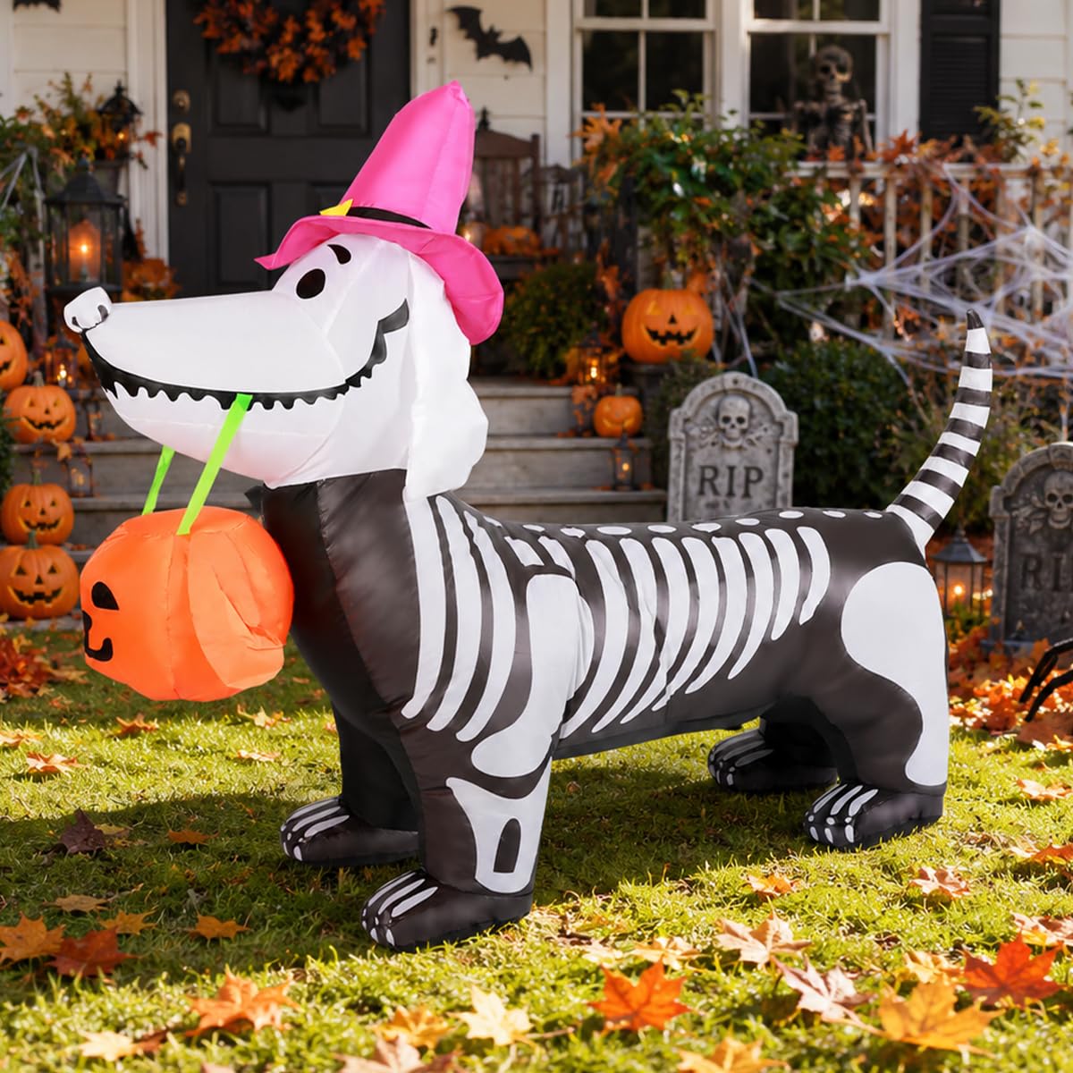 GOOSH 5.5 FT Halloween Inflatables Outdoor Decorations Skeleton Puppy Inflatable Yard Decoration with Build-in LEDs Blow Up Pumpkin for Halloween Party Indoor Outdoor Yard Garden