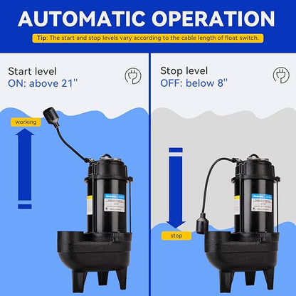 Acquaer Sewage Pump, Cast Iron, Automatic Tethered Float Switch, Sewage Effluent Pump for Sump Basin, Basement, Residential Sewage, 2'' NPT Discharge, Dark