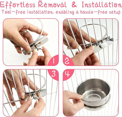 8 Pcs Stainless Steel Bird Food & Water Bowls with Clamp Holder - Hanging Bird Cage Feeding Dishes, Pet Feeders for Cockatiel, Conure, Budgie, Parakeet, Macaw & Small Animals