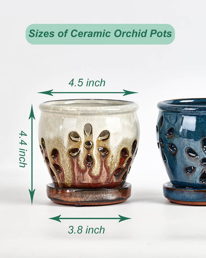 Vensovo 4 Inch Ceramic Orchid Pots with Drainage Holes and Saucers, 2 Pcs Small Planters for Orchids Succulents Repotting, Indoor Outdoor Ceramic Flower Pots for Healthy Root Growth (Blue Brown Mixed)