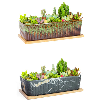 Succulent Pots - 12'' Large Succulent Planters with Drainage Tray Set of 2, Window Sill Planter, Long Rectangle Ceramic Pots for Indoor Cactus Plants Shallow Bonsai Window Box for Home Garden Decor