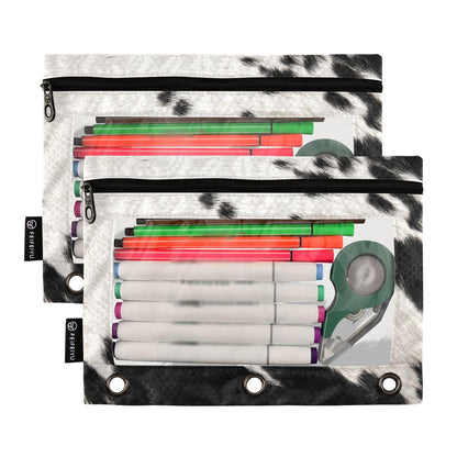 Coikll Cow Skin Print Pencil Pouch Fits Standard 3-Ring Binders, Zipper Binder Pencil Bag with Clear Window for Class Office 2 Pack