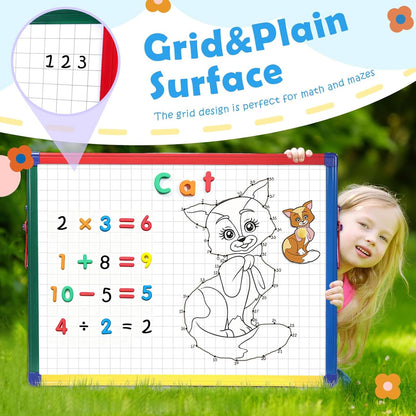 SWANCROWN Magnetic Board for Kids - Tabletop White Board for Children- 24x18 Inch Double Sided Foldable Dry Erase Board Standing with 82Pcs Alphabet Magnets Whiteboard Letters