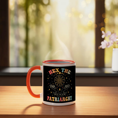 Feminist Witch, Hex The Patriarchy Halloween Witch Vibes Ceramic Mug, Orange/White