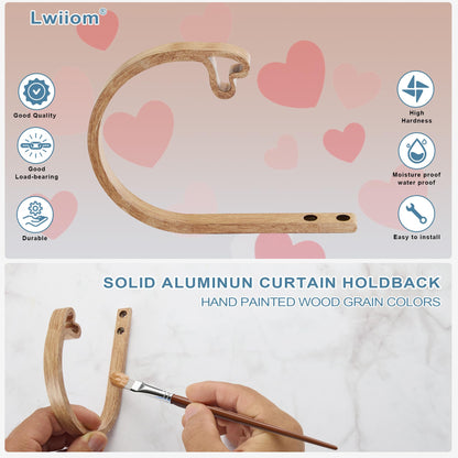2Pcs Curtain Holdback,Premium Solid Aluminum Wall Mounted Curtain Tiebacks,Rust-Proof,Light Wood Grain