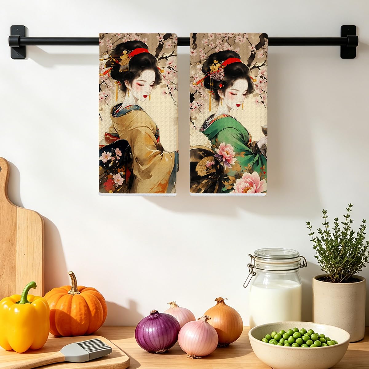 2 Pcs Japanese Style Women Kitchen Towels, Cherry Blossoms Soft Absorbent Hand Tea Towel, Microfiber Dish Cloths for Drying Dishes, Waffle Dish Towels for Kitchen Bathroom, Farmhouse Gifts for Women