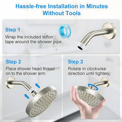 High Pressure Rainfall Shower Head, 6 Inches Luxury Showerhead with Perfect Adjustable Replacement, Removable Restrictor, Easy Installation for Your Bathroom Shower Heads (Brushed Nickel)