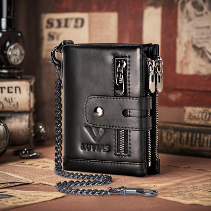 V LUVIAS Anti-Theft Mens Wallet with Chain Genuine Leather ID Window Purse with RFID Blocking Bifold Double Zipper Coin Pocket with Gift Box