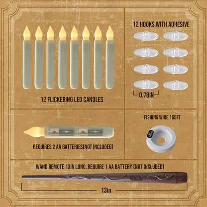 Raycare Floating Candles with Wand, 12 Pcs Magic Hanging Candles Flameless, Flickering Warm Light LED Taper Candle with Wand Remote, Battery Operated Window Candle for Halloween Witch Wizzard Decors