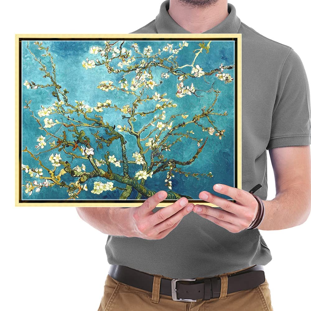 Wieco Art Framed Wall Art Canvas Prints of Almond Blossom by Vincent Van Gogh Paintings Reproduction Abstract Artwork for Wall Decor Golden Frame