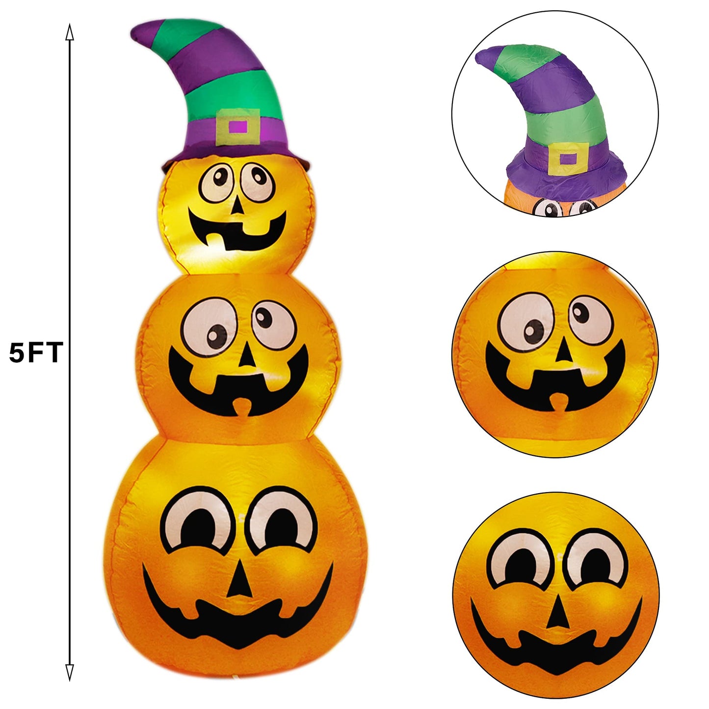 Prsildan Halloween Inflatables Stacked Pumpkins with Witch Hat, 5 Ft Blow up Outdoor Decoration with Build-in LED Lights for Garden Yard Lawn Holiday Party