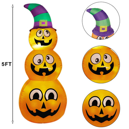 Prsildan Halloween Inflatables Stacked Pumpkins with Witch Hat, 5 Ft Blow up Outdoor Decoration with Build-in LED Lights for Garden Yard Lawn Holiday Party