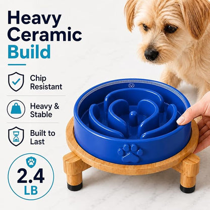 Slow Feeder Dog Bowls – Elevated Dog Bowl Slow Feeder with Bamboo Stand– Microwaveable Dog Slow Feeder for Small and Medium Dogs – Lead and BPA-Free Ceramic Pet Bowl – Pet Feeder for Fast Eaters