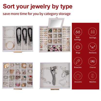 BOOVO Clear Lid Jewelry Box,3 Layers Jewelry Organizer Large Jewelry Storage Box with 2 Drawers,Jewelry Holder Organzier of Rings Earrings Necklace Bracelets for Women (White, 4 Layer)