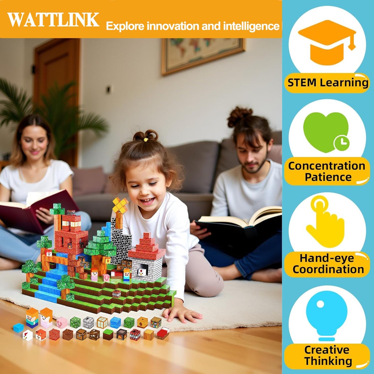 Wattlink Magnetic Building Blocks Set, 150 Pieces Educational Construction Cubes with Magnets, 3D Building Toys for Ages 3+, Compatible with Multiple Themes