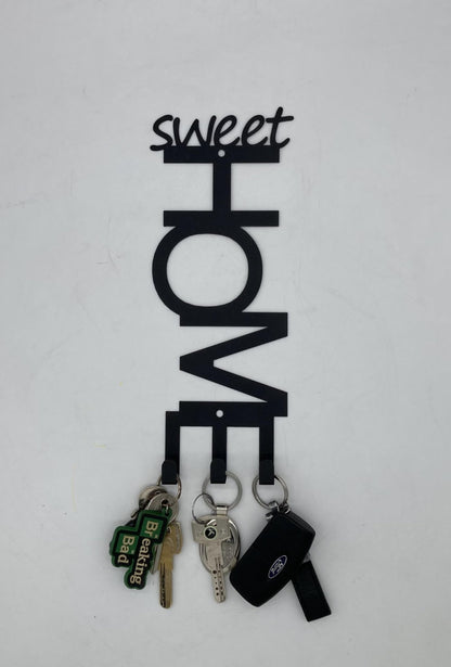Sweet Home Wall Key Holder with 3 Hooks, Black Metal Decorative Key Hanger, 2 Installation Options