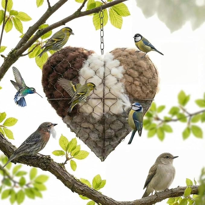 Heart-Shaped Bird Nesting Material Holder, Wire Mesh Feeder with Cotton Fill, Hanging Chain, Garden Decor (1)