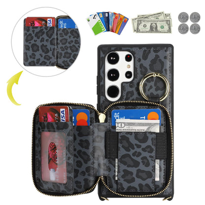Hamany Crossbody Wallet Case for Galaxy S24 Ultra, PU Leather Zipper Handbag Purse Flip Cover, Kickstand Folio Case with Card Slots Holder Wrist Strap Lanyard -Black Leopard