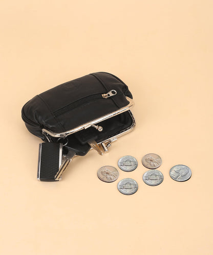 Leatherboss Genuine Leather Large Coin Purse Double Frame Wallet With Zipper Pocket, Black