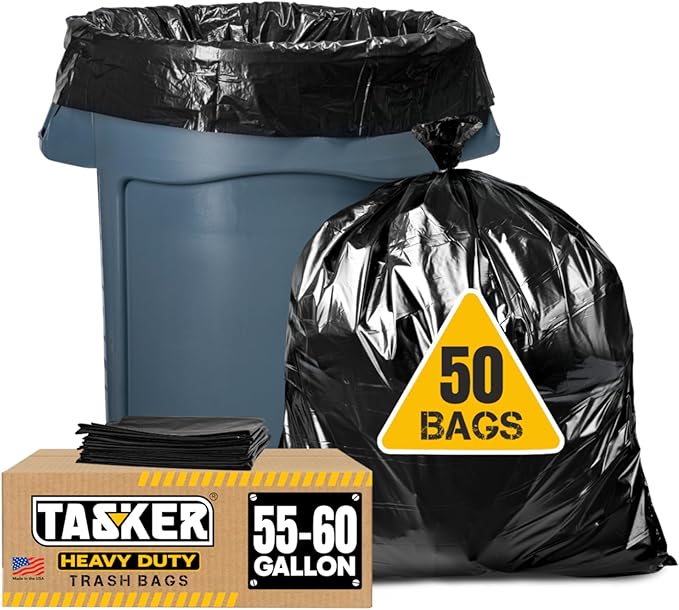 Tasker 55 Gallon Trash Bags | Value 50 Trash Bags w/Ties | Extra Large