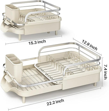 SAYZH Dish Drying Rack - Expandable Dish Rack for Kitchen Counter, Rust-Resistant Dish Drainer with Utensil Holder and Raised Guardrail, Kitchen Organizer for Cup and Bottle (Beige)
