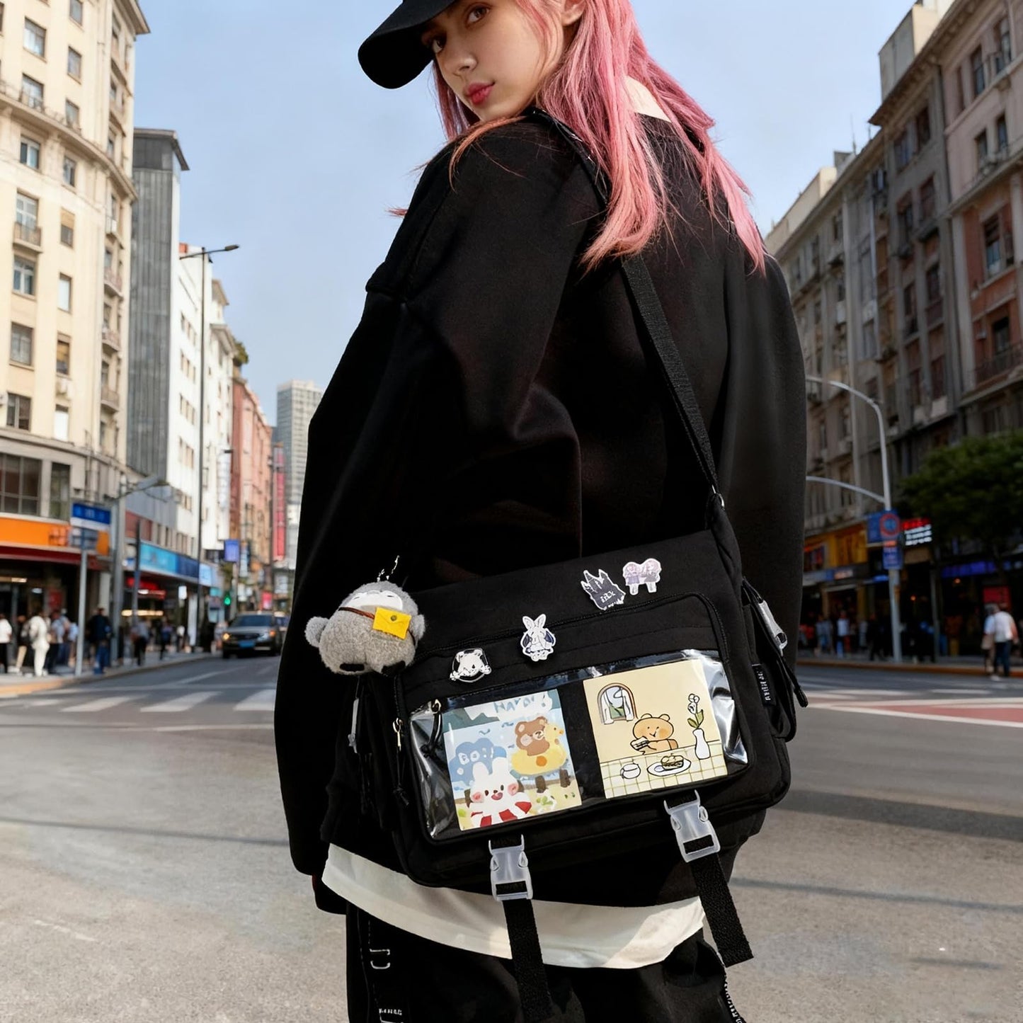 Kawaii Crossbody Ita Bag for Women with Pin and Plush Penguin, Cute Messenger Bag Japanese Crossbody Bag Y2K Purse Black Fit 15.6 Inch Laptop