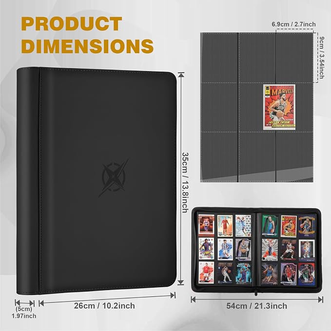 Trading Card Binder, Card Binder 9 Pocket for Trading Cards, Holds 540 Cards, Zippered Premium Card Collection Binder Album for Game Card, Sports Card, Yugioh, MTG (Black)
