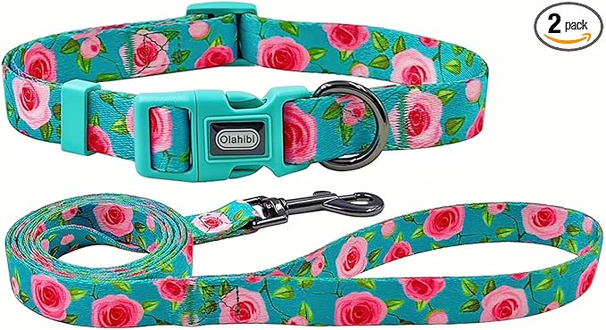 Dog Collar and Leash Set, Rose Pattern, Polyester Material, 5ft Matching Leash, for Small Dogs.(S, Green Rose Set)