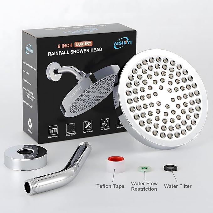 High Pressure Rainfall Shower Head, 6 Inches Showerhead with Perfect Adjustable Replacement, Removable Restrictor, Easy Installation for Your Bathroom Shower Heads (Chrome Plated + Shower Arm)