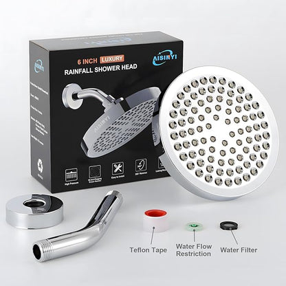 High Pressure Rainfall Shower Head, 6 Inches Showerhead with Perfect Adjustable Replacement, Removable Restrictor, Easy Installation for Your Bathroom Shower Heads (Chrome Plated + Shower Arm)