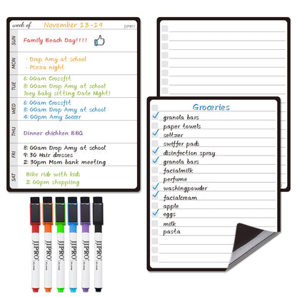 JPRO Magnetic Weekly Calendar and to Do List for Fridge - 8.5" x 6.5" Weekly Meal Planner for Refrigerator and Dry Erase Daily to-Do List -6 Markers Included!