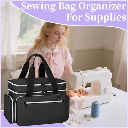 Anitor Large Sewing Supplies Organizer, Double Layer Sewing Storage Organizer with Two Detachable Dividers, Travel Sewing Bag Organizer with Shoulder Strap for Accessories, Black, (Bag Only)
