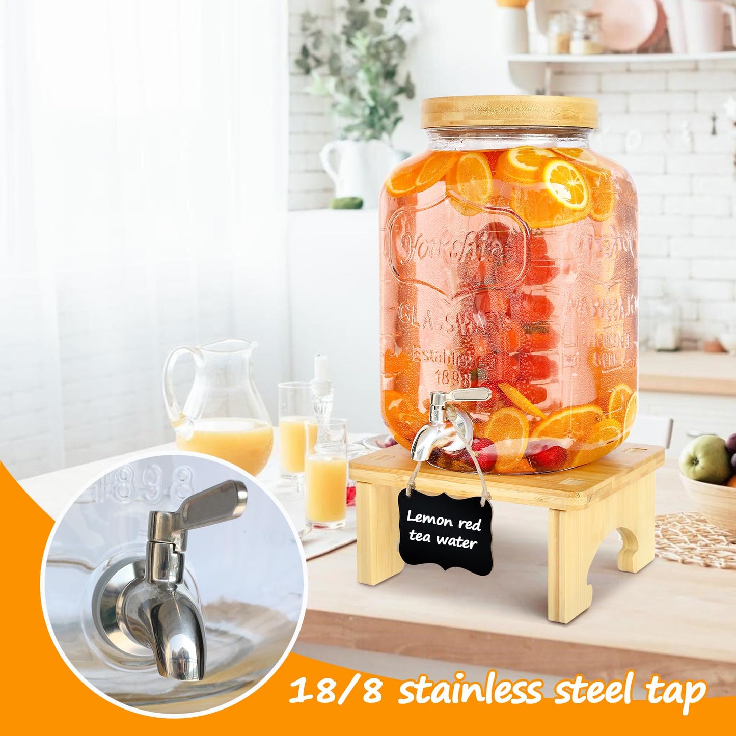 2 Gallon Drink Dispenser with Stand，Glass Beverage Dispenser With Wood Stand, 18/8 Stainless Steel Spigot and Labels Large Water Drink Dispensers for Parties, Lemonade,Juice, Tea