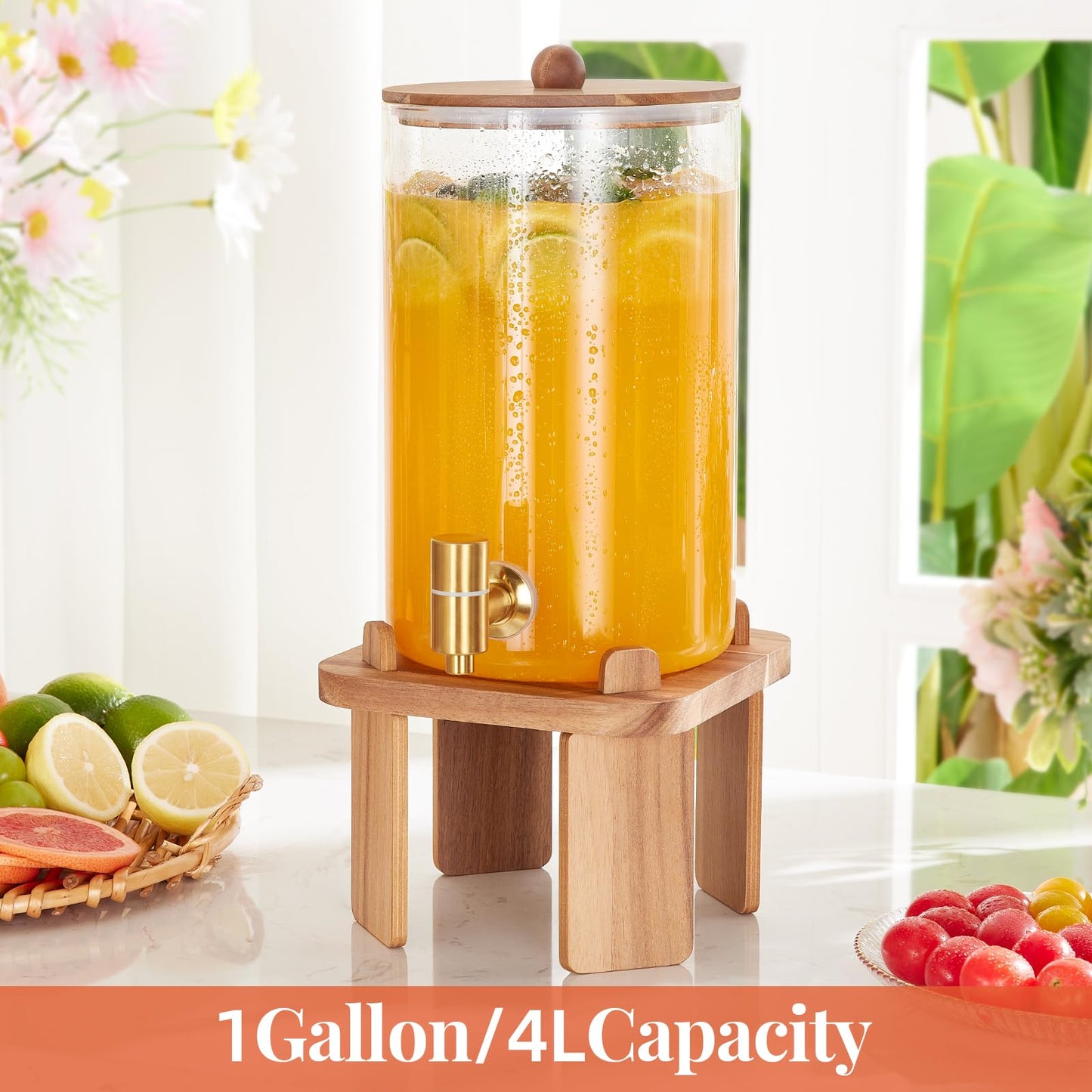 1 Gallon Glass Drink Dispensers: Beverage Dispenser For Parties With Wood Stand, Large Water Drink Dispensers With Stainless Steel Spigot, Ideal for Lemonade,Juice, Tea, and Party Drinks