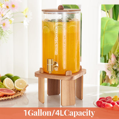 1 Gallon Glass Drink Dispensers: Beverage Dispenser For Parties With Wood Stand, Large Water Drink Dispensers With Stainless Steel Spigot, Ideal for Lemonade,Juice, Tea, and Party Drinks
