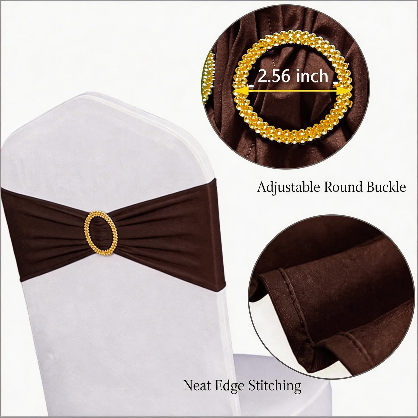 Pack of 50 Spandex Brown Chair Sashes with Gold Buckles, Stretch Chairs Sashes for Wedding Party Birthday Halloween Ceremony Event Decorations Chair Bands Bows (Brown Sashes, Gold Buckles)